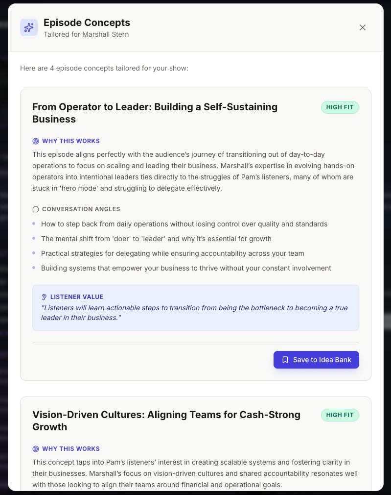 Spark Episode Concepts — From Operator to Leader with conversation angles and listener value