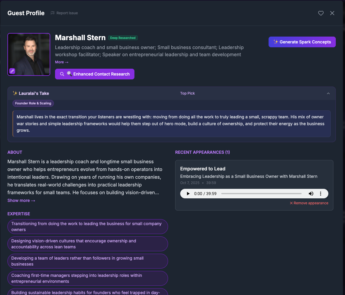 Marshall Stern guest profile — Lauralai's Take rationale, expertise tags, and podcast appearances