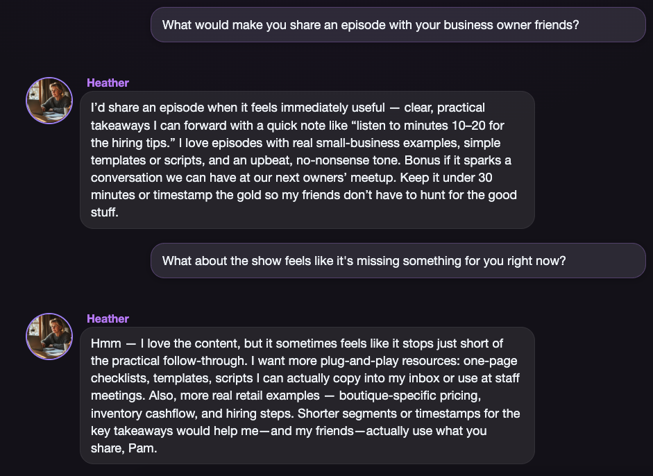 Conversation with Heather — asking about sharing behavior and honest feedback