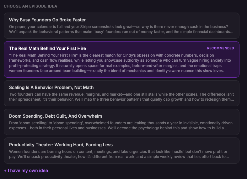 Lauralai generates tailored episode ideas for a target podcast — with a recommended angle highlighted