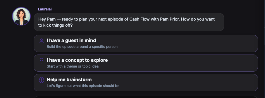 Lauralai greeting the host — ready to plan the next episode of Cash Flow with Pam Prior