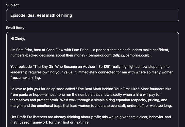 AI-generated pitch email referencing specific episodes and proposing a tailored angle